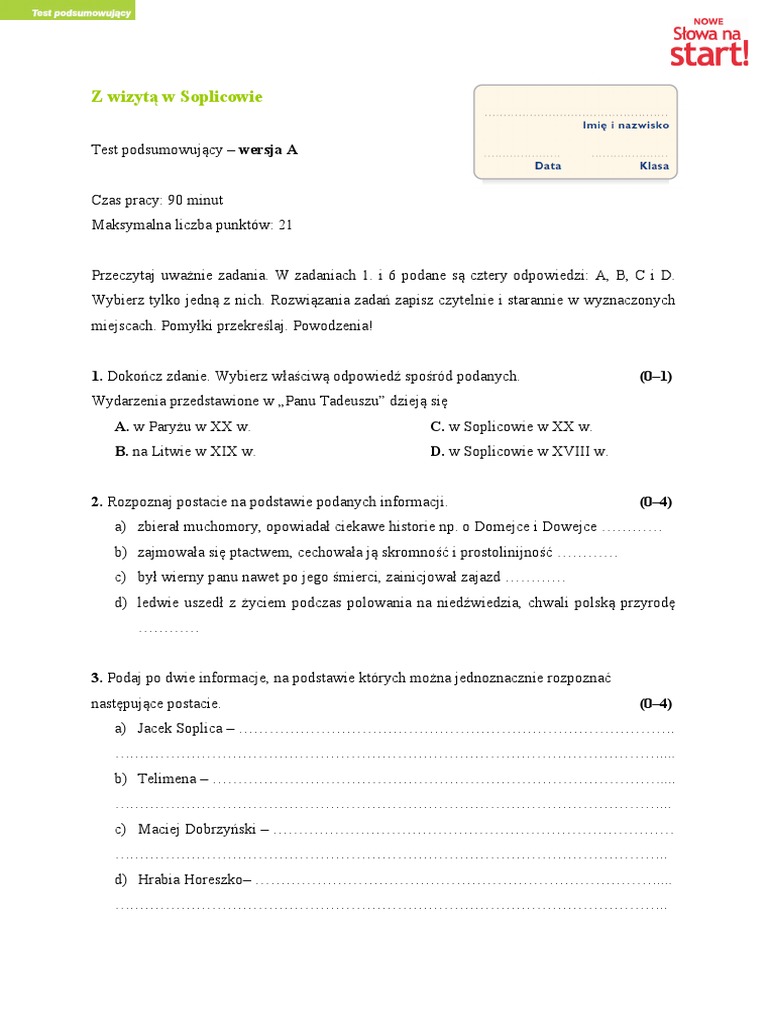 Pan Tadeusz Test Nowa Era Sprawdzian Pan Tadeusz | PDF