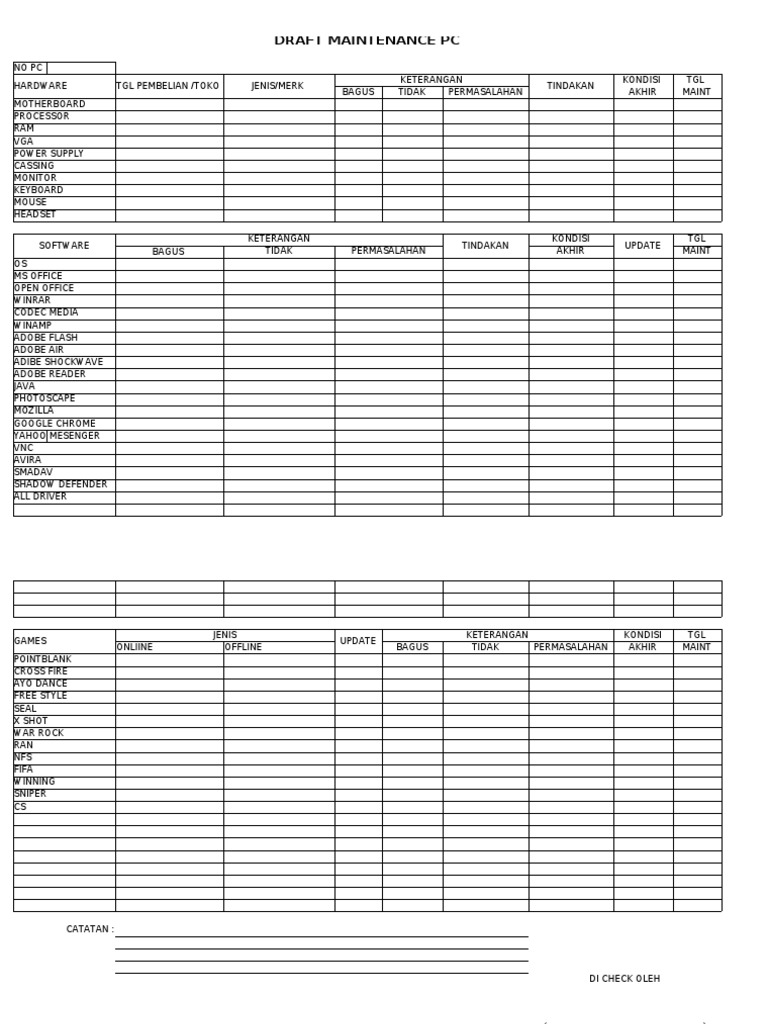 PC Maintenance Checklist Template | PDF