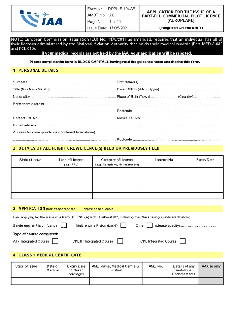 CPL(A) Application Form for IAA | PDF | Technology & Engineering
