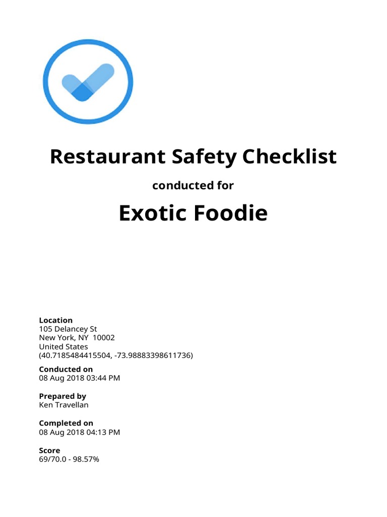 Restaurant Safety Checklist IAuditor Sample Report PDF