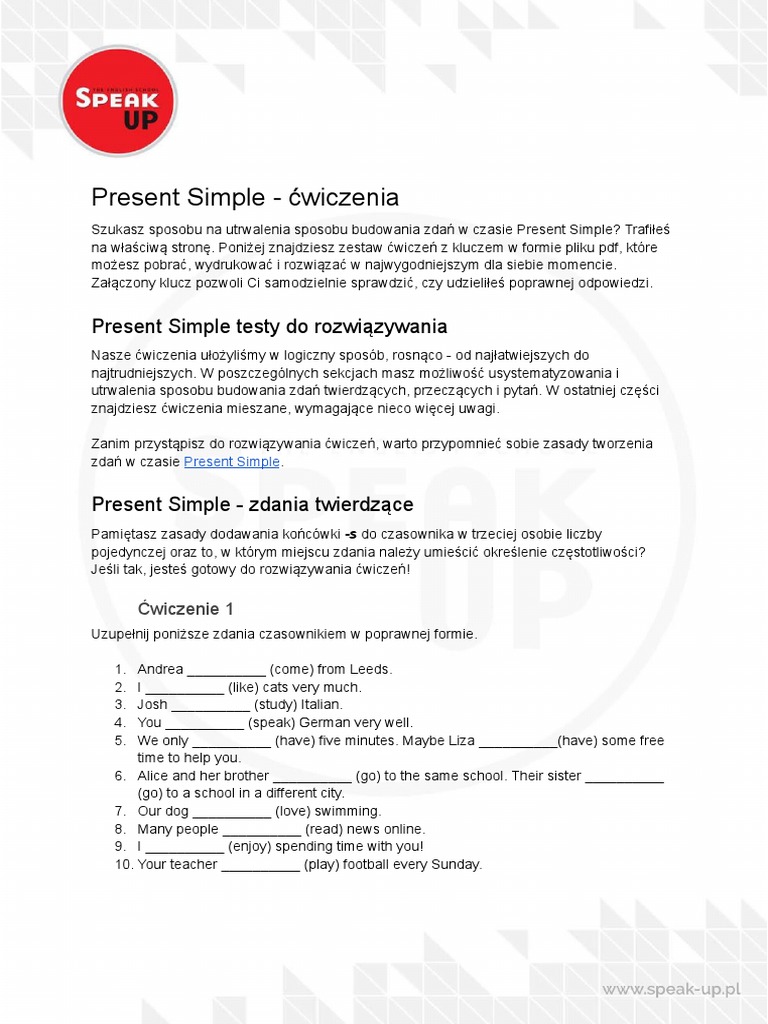 Cwiczenia present simple pdf