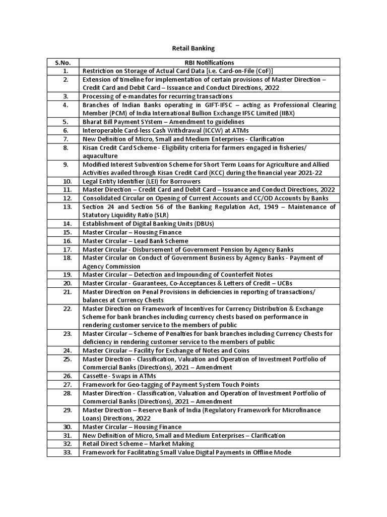 RBI Guidelines for Retail Banking 2022 | PDF