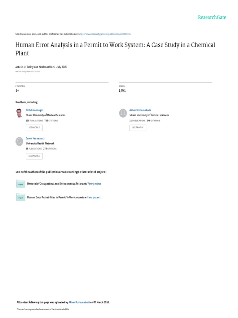 Human Error in Chemical Plant PTW System | PDF | Reliability ...