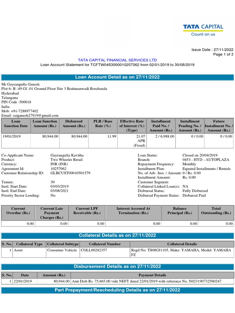 Tata Capital Two-Wheeler Loan Statement | PDF | Debits And Credits | Loans