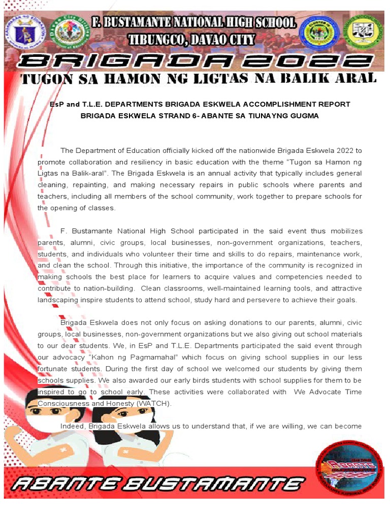 Brigada Eskwela 2022 Accomplishment Report | PDF | Teachers | Volunteering