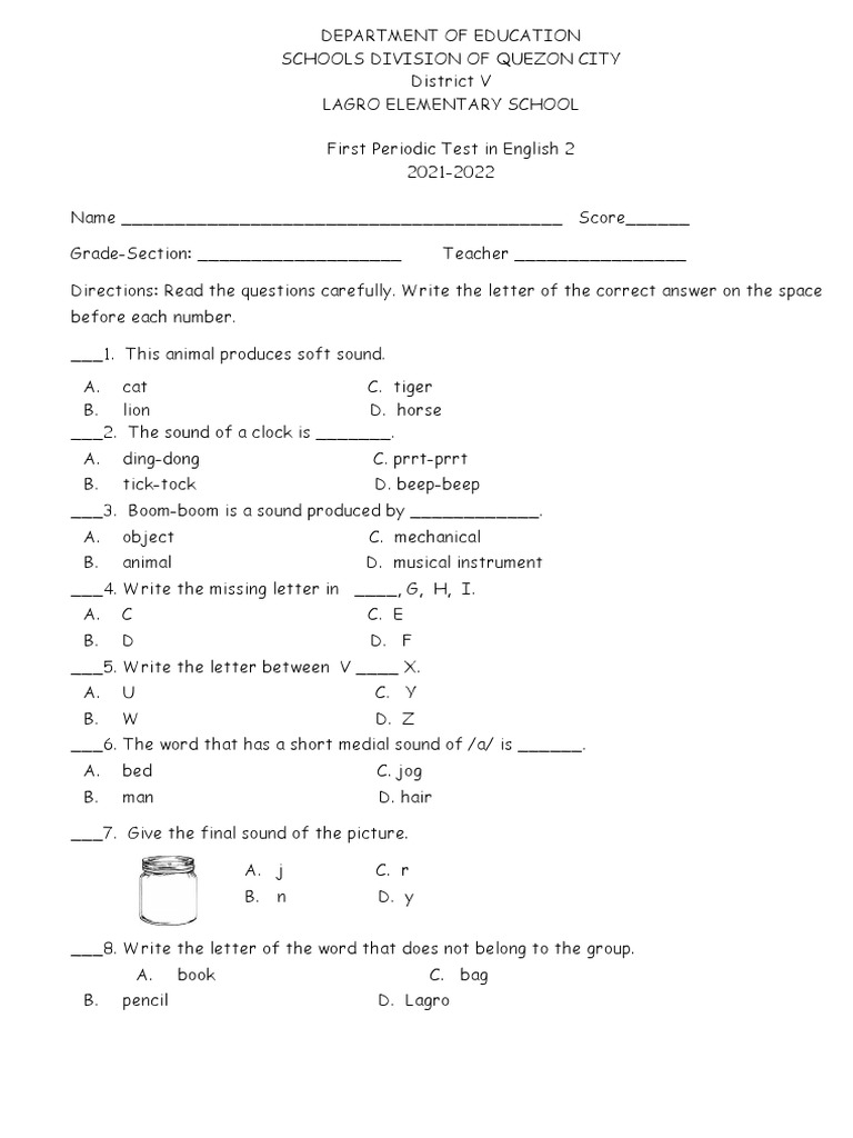 Kindergarten First Quarter Periodical Test
