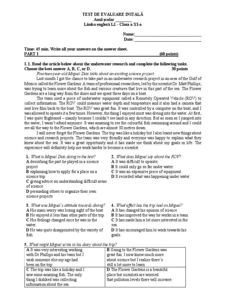 Initial English Assessment Test XI | PDF