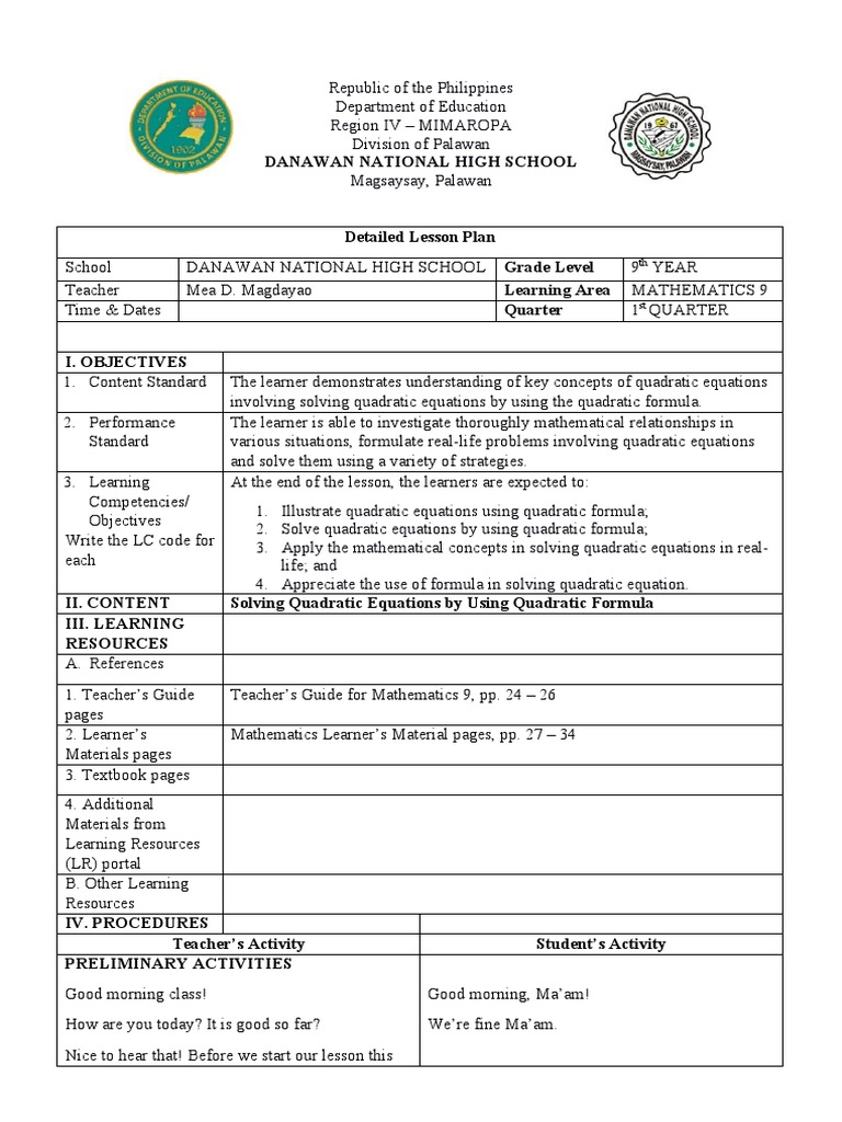 DepEd Lesson Planning | PDF | Quadratic Equation | Equations