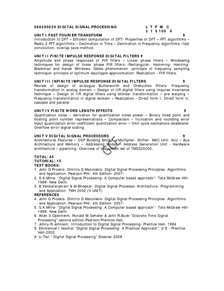 Digital Signal Processing Syllabus PDF