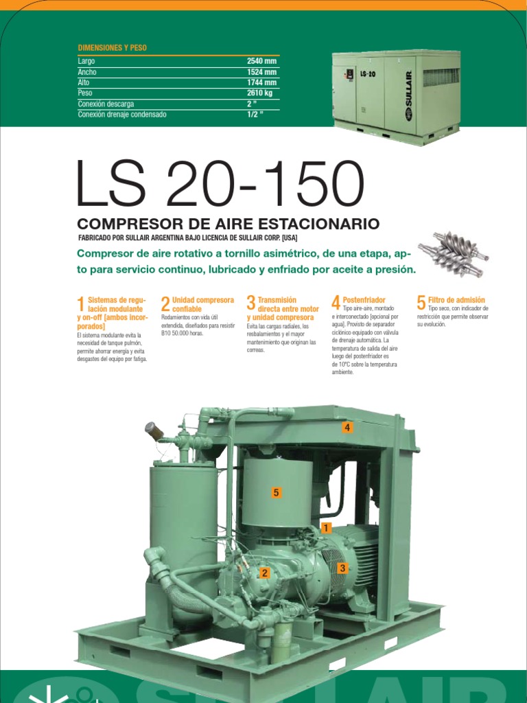 Ficha Técnica Compresor de Aire Sullair LS 20 150 PDF Presión