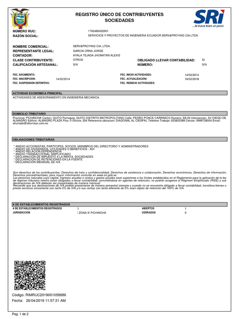 Registro RUC Servicios y Proyectos Ecuador | PDF