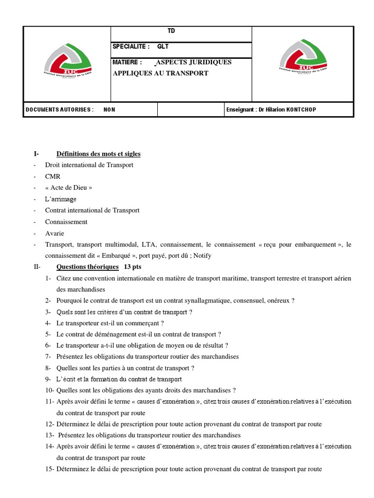 TD Aspects Juridiques Appliqués Au Transport PDF