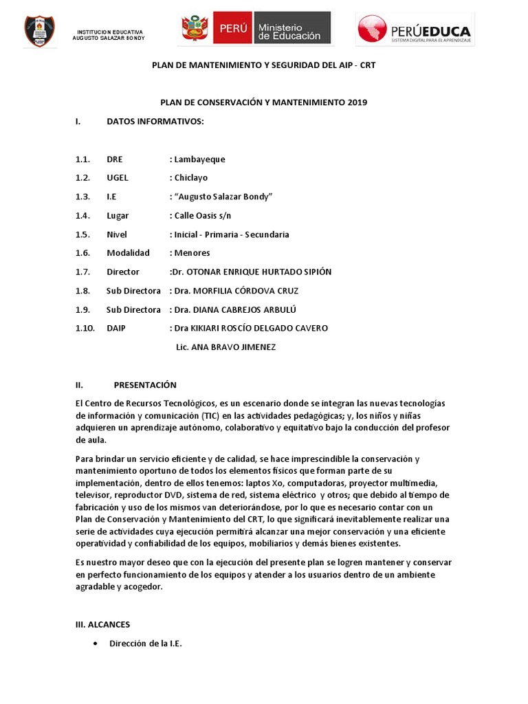Plan de Mantenimiento del AIP-CRT | PDF | Método de enseñanza | Salón ...