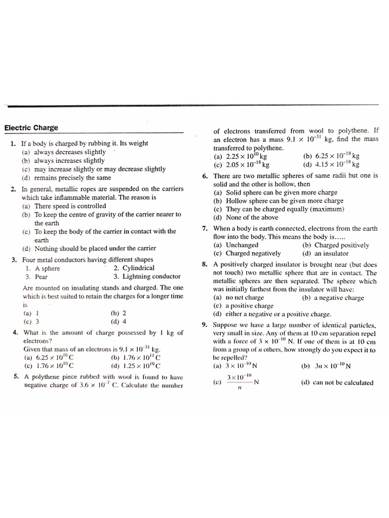 Electric Charge and Field MCQ PDF