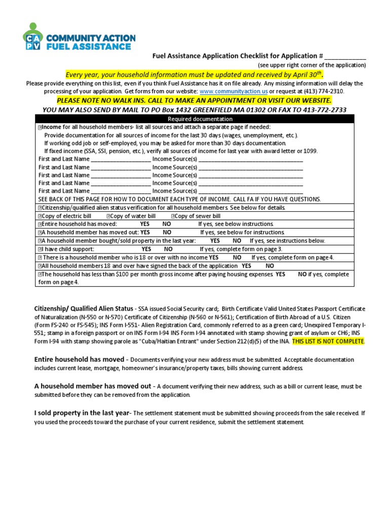 Fuel Assistance Application Checklist For site PDF PDF