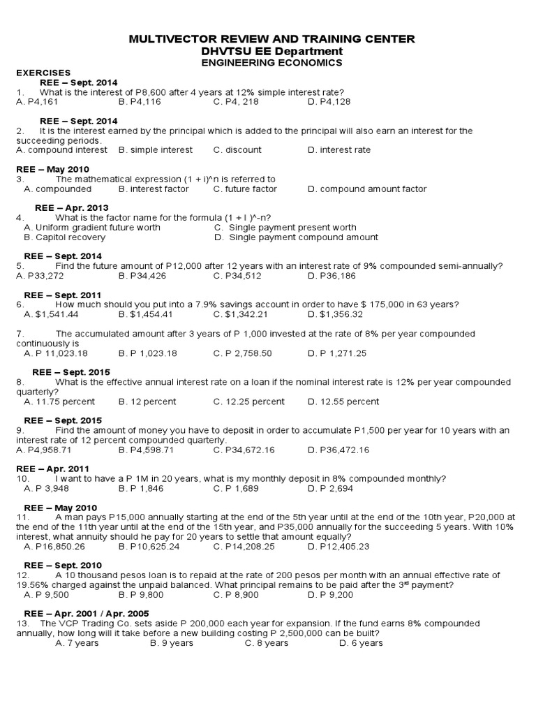 Engineering Economics Exercises Overview | PDF | Depreciation | Interest