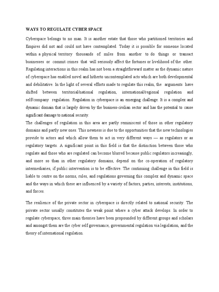 Ways To Regulate Cyber Space PDF Cyberspace Cybercrime