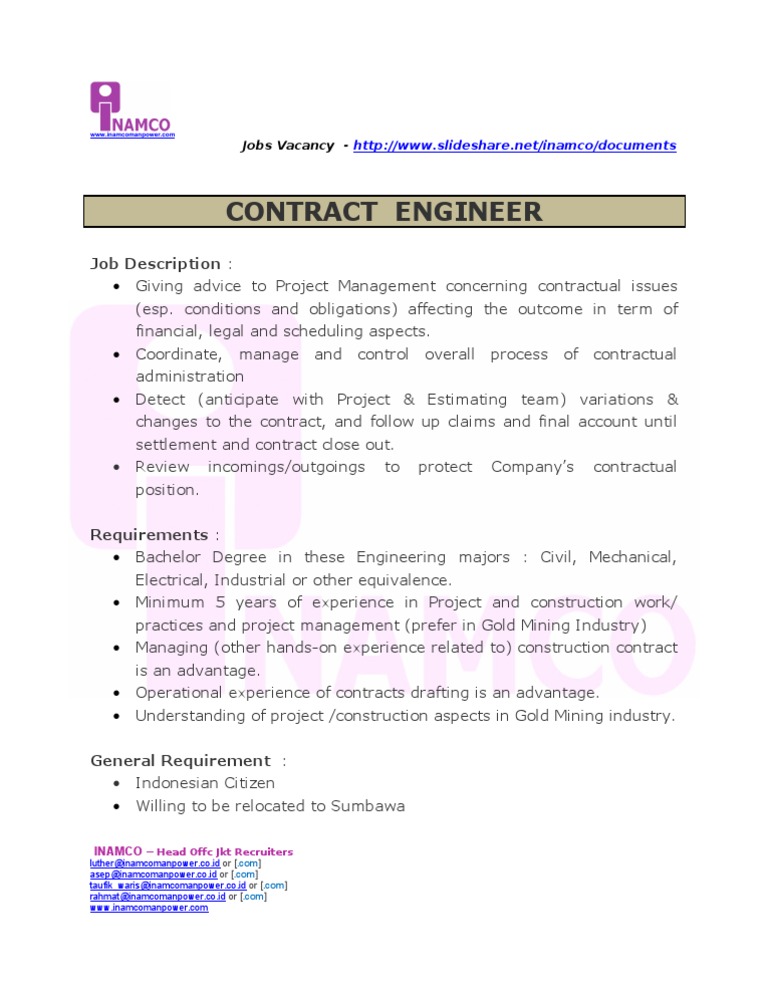 Contract Engineer Job Vacancy in Sumbawa | PDF | Technology & Engineering