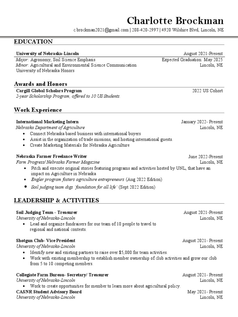 Fall 2022 Resume-Brockman | PDF | Lincoln | Agriculture