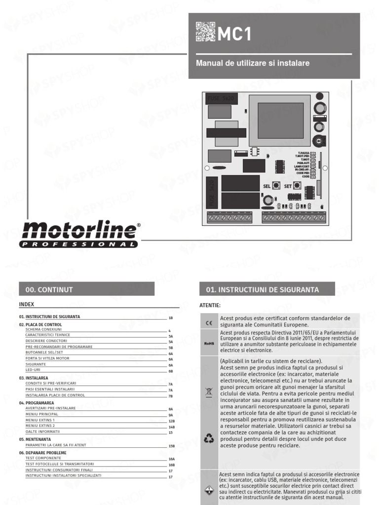 Manual de Utilizare Unitate de Comanda MC1 2 Motorline | PDF
