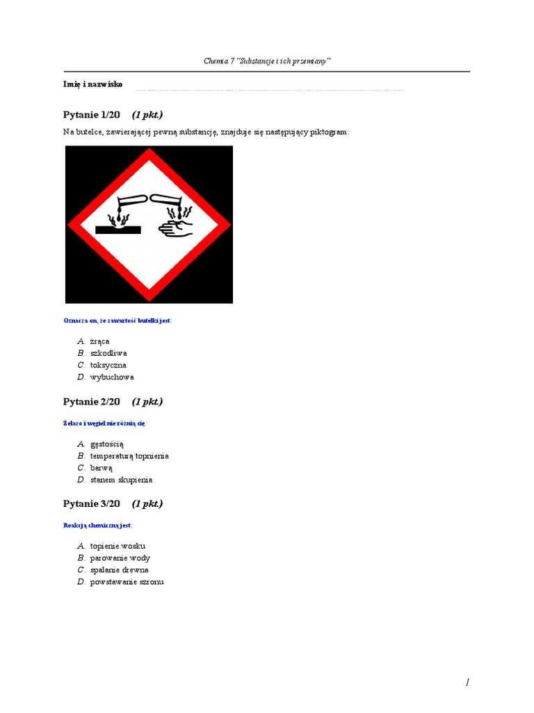 Substancje I Ich Przemiany Sprawdzian Klasa 7 Odpowiedzi Chemia 7 Substancje I Ich Przemiany Test | PDF