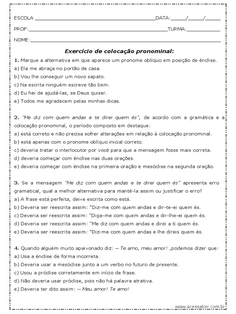 Exercícios de Colocação Pronominal | PDF | Gramática | Linguística