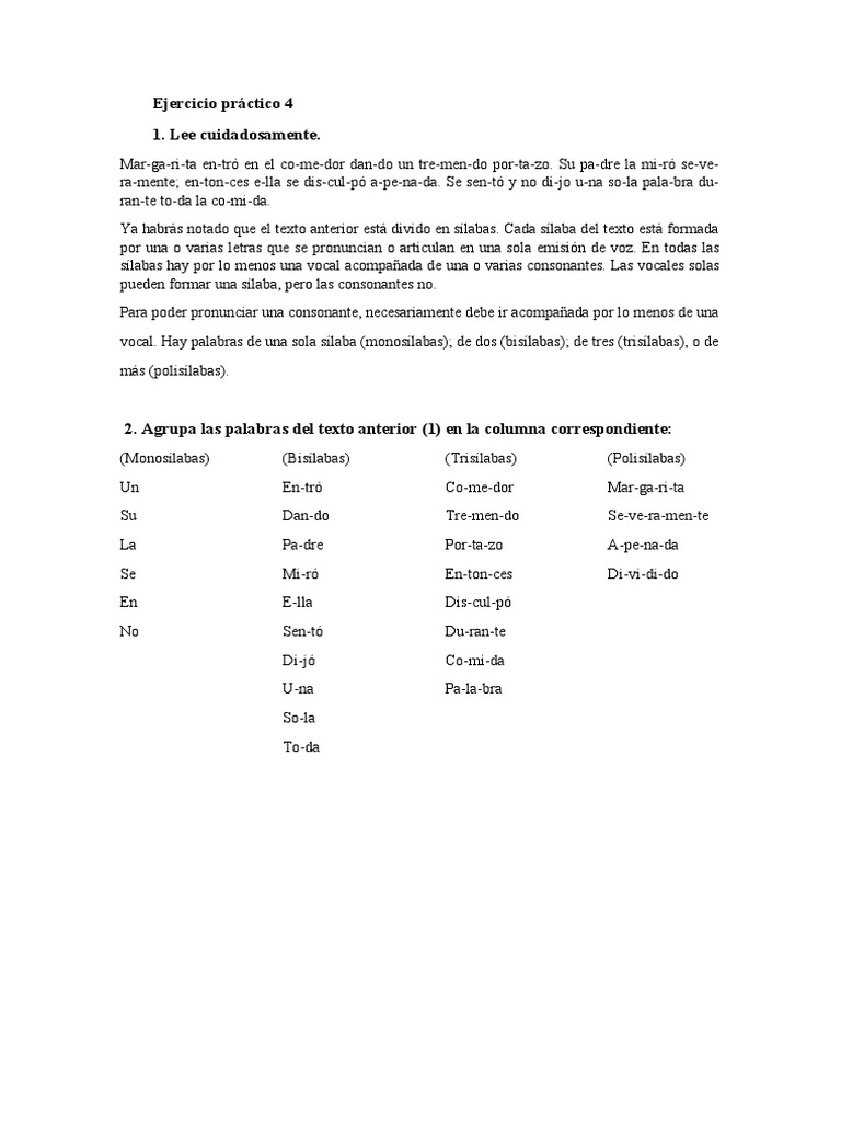 Ejercicio de División Silábica y Diptongos | PDF | Artes del Lenguaje y ...