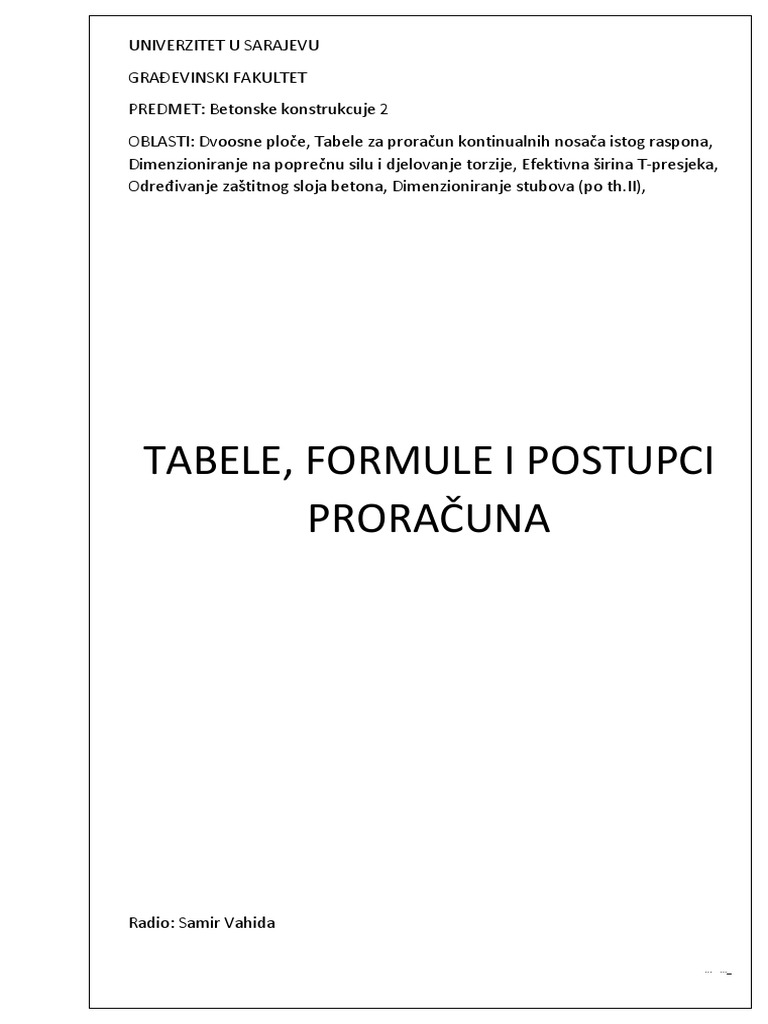 BK2 Tabele Formule I Postupci Proračuna S.V. | PDF