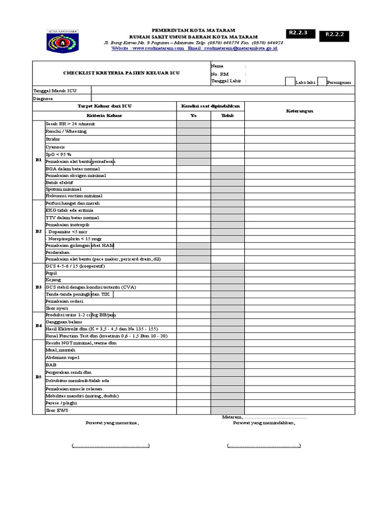 Checlist Kriteria Pasien ICU | PDF