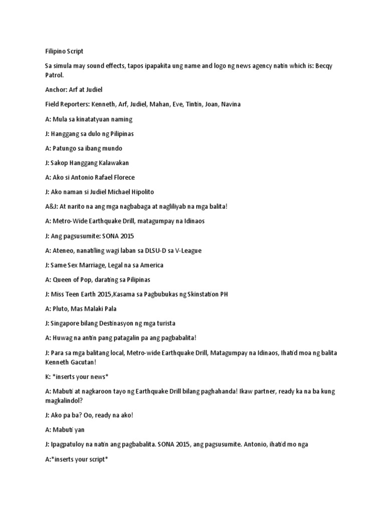 Filipino 9 Pagbabalita Script PDF