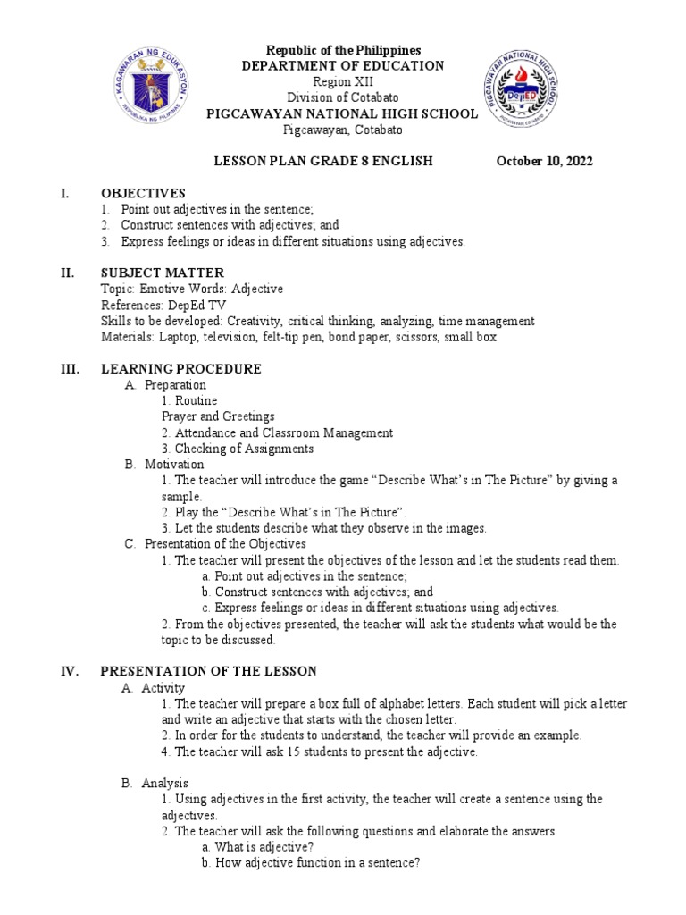 Adjective Pdf Teachers Lesson Plan