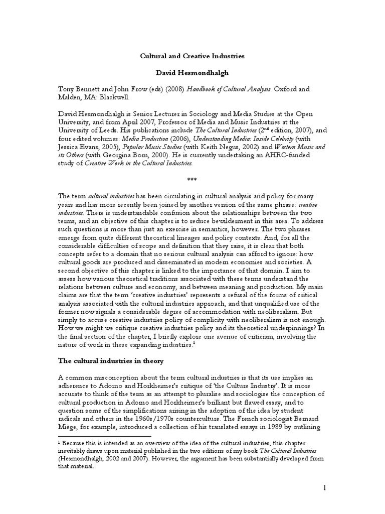 Hesmondhalgh Creative and Cultural Industries | PDF | Creativity ...