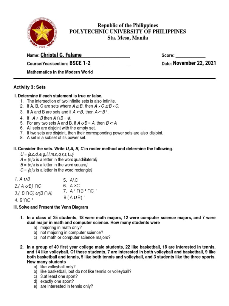 Activity 3 - Sets | PDF | Set (Mathematics) | Mathematics