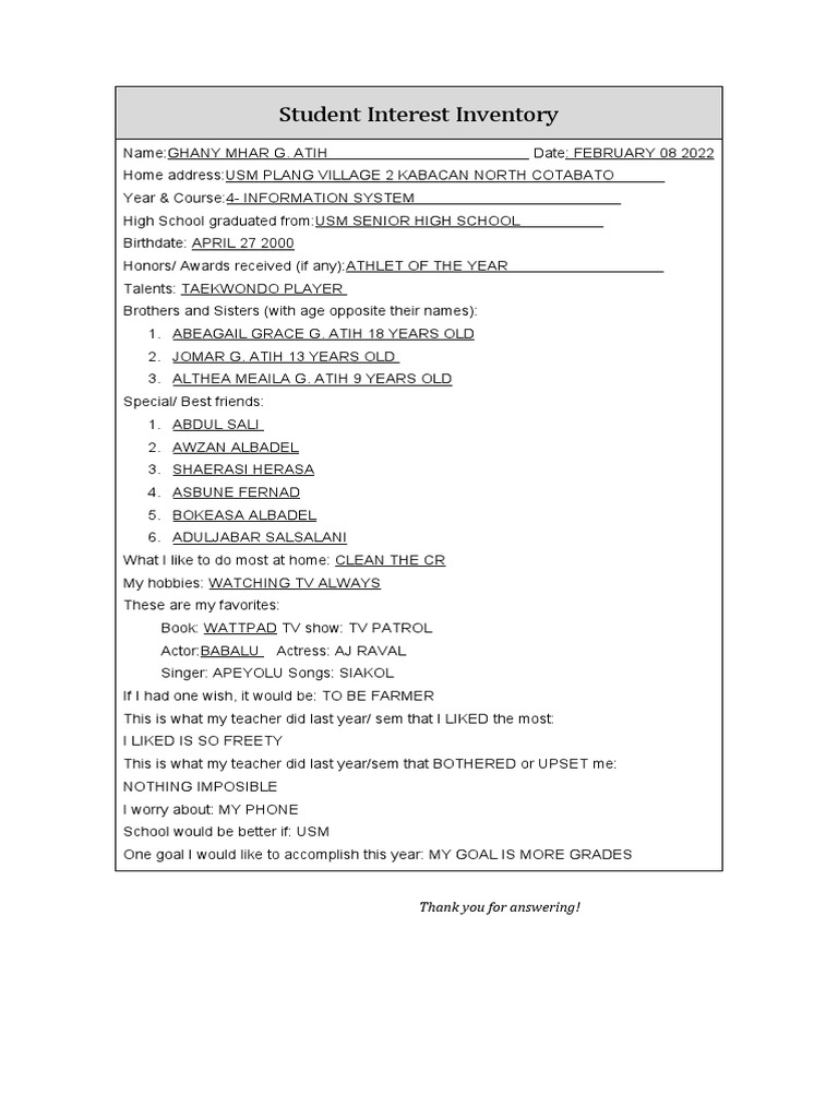 Student Interest Inventory PDF