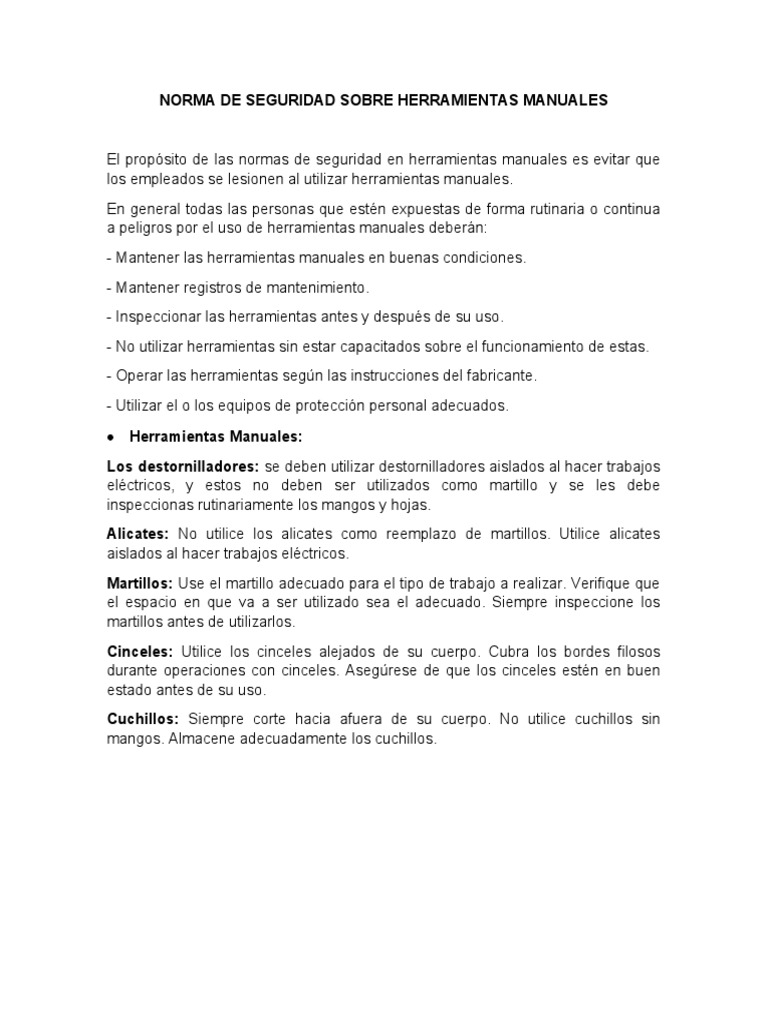Normas de Seguridad en Herramientas Manuales | PDF | Herramientas ...