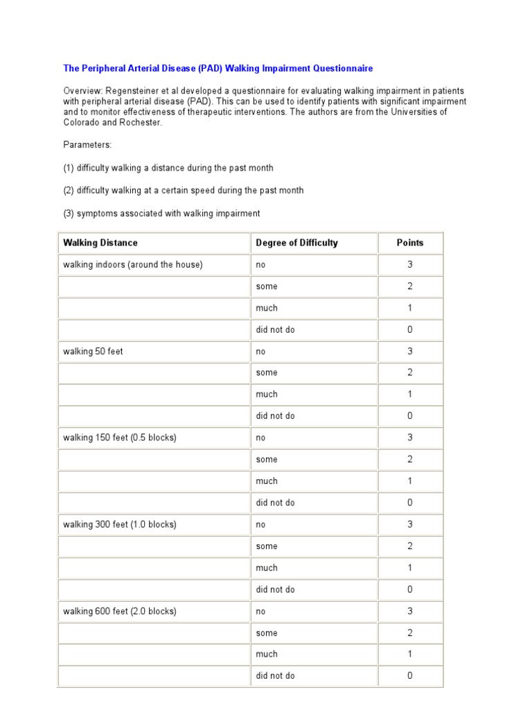 Peripheral Arterial Disease (PAD) Walking Impairment Questionnaire