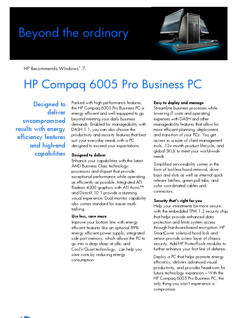 HP Compaq 6005 Pro Business PC Data Sheet Mar Update | PDF | Advanced Micro  Devices | Personal Computers