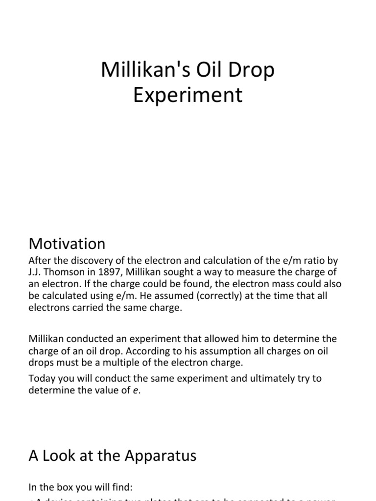 Millikan's Oil Drop Experiment Guide | PDF | Electrical Engineering ...