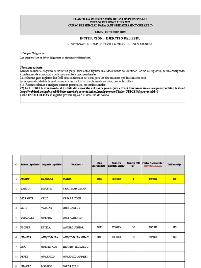 PLANTILLA DE IMPORTACIÓN DE DATOS CRECL - 1ra BRIG FFEE | PDF | Lima | Perú