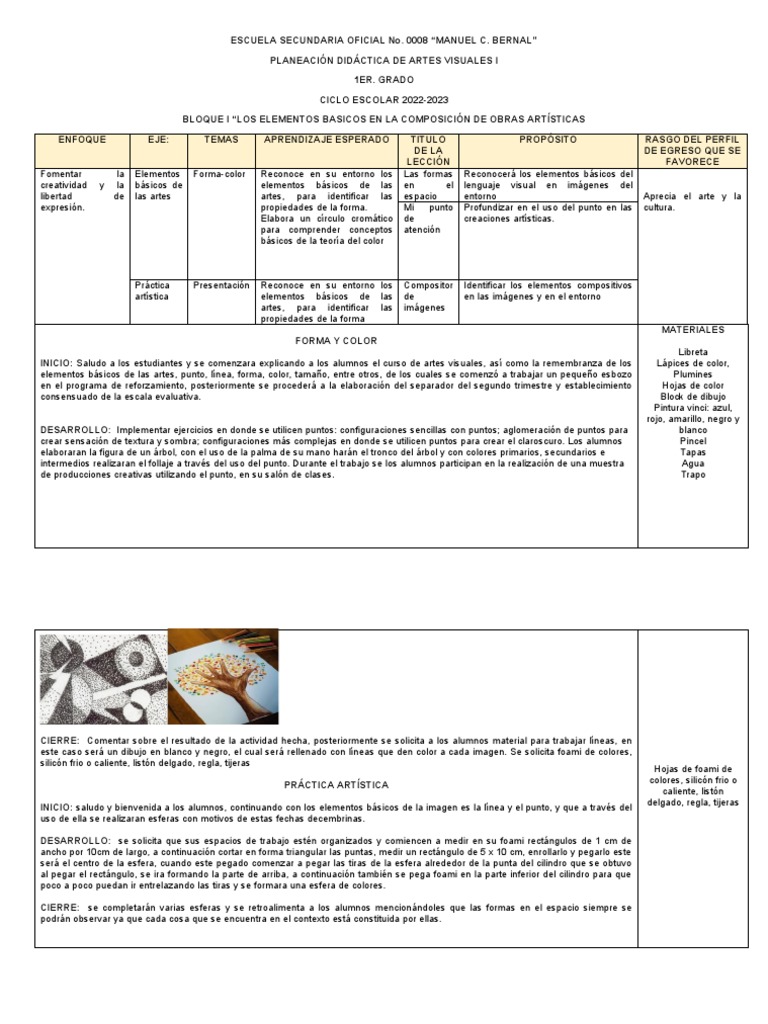 Planeación Artes Visuales 1 Secundaria | PDF | Color | Evaluación