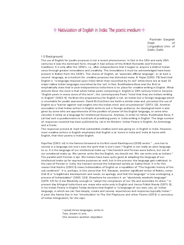 Nativisation Of English Poetry Linguistics Pdf