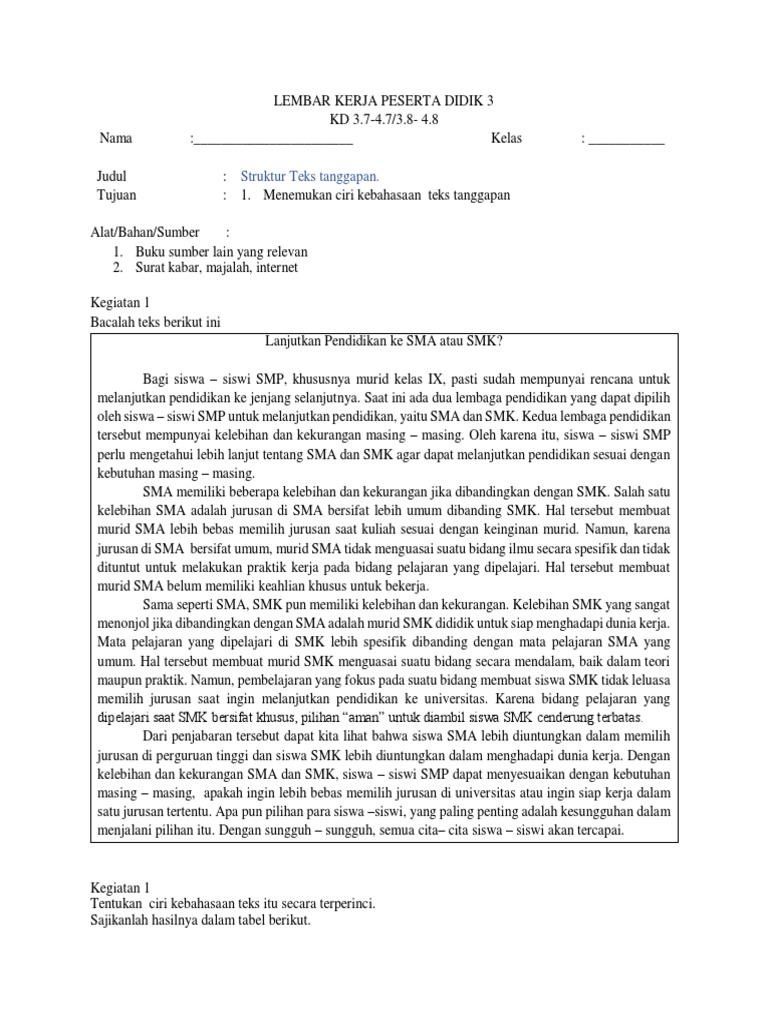 LKPD Teks Tanggapan | PDF