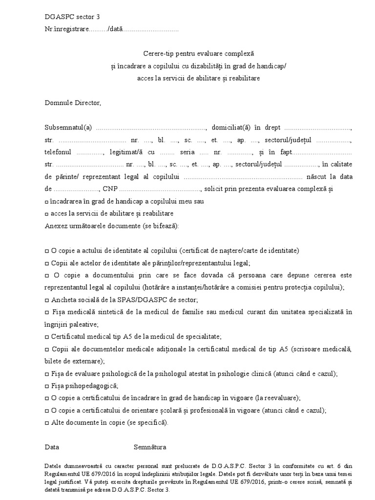 Cerere Încadrare În Grad de Handicap A Copilului Cu Dizabilități 1 | PDF