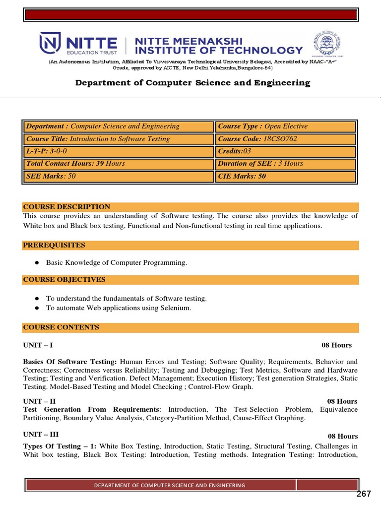 Intro To ST Syllabus PDF Software Testing Computing