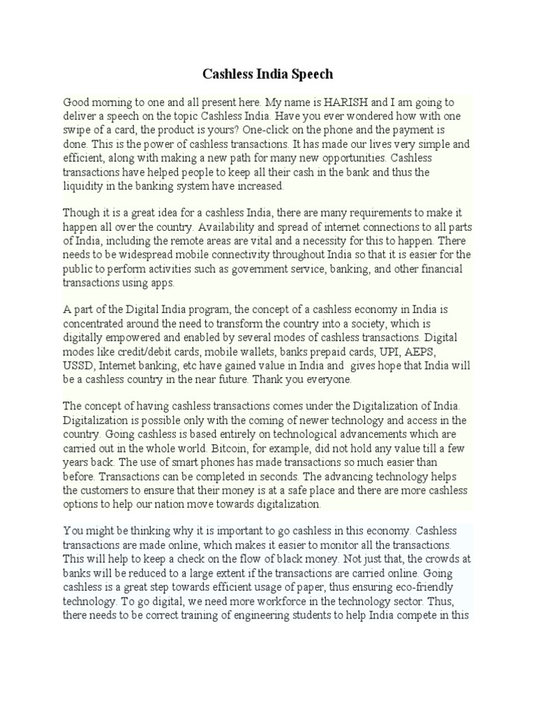 Cashless India Speech Pdf