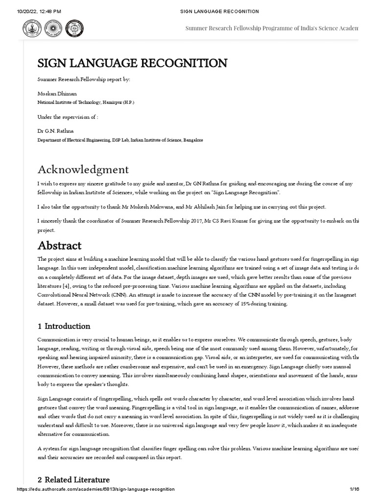 SIGN LANGUAGE RECOGNITION Report | PDF