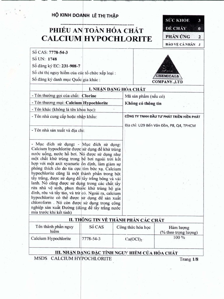 Safety Data Sheet for Calcium Hypochlorite Properties, Hazards and