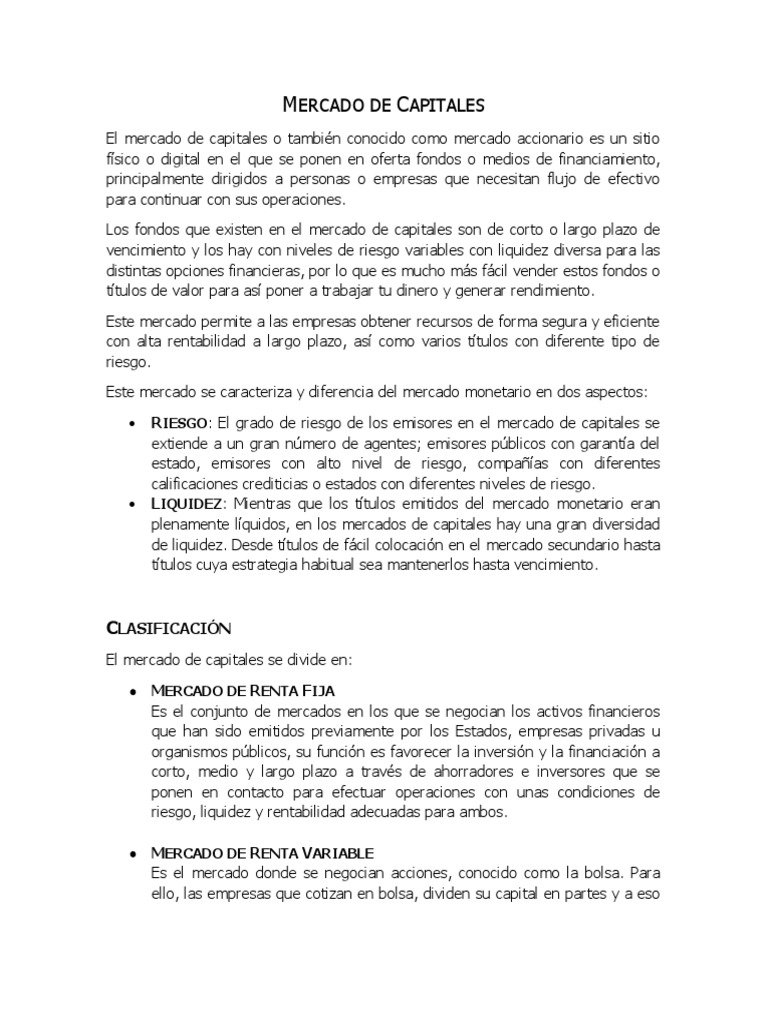 Tipos y características del mercado de capitales | PDF