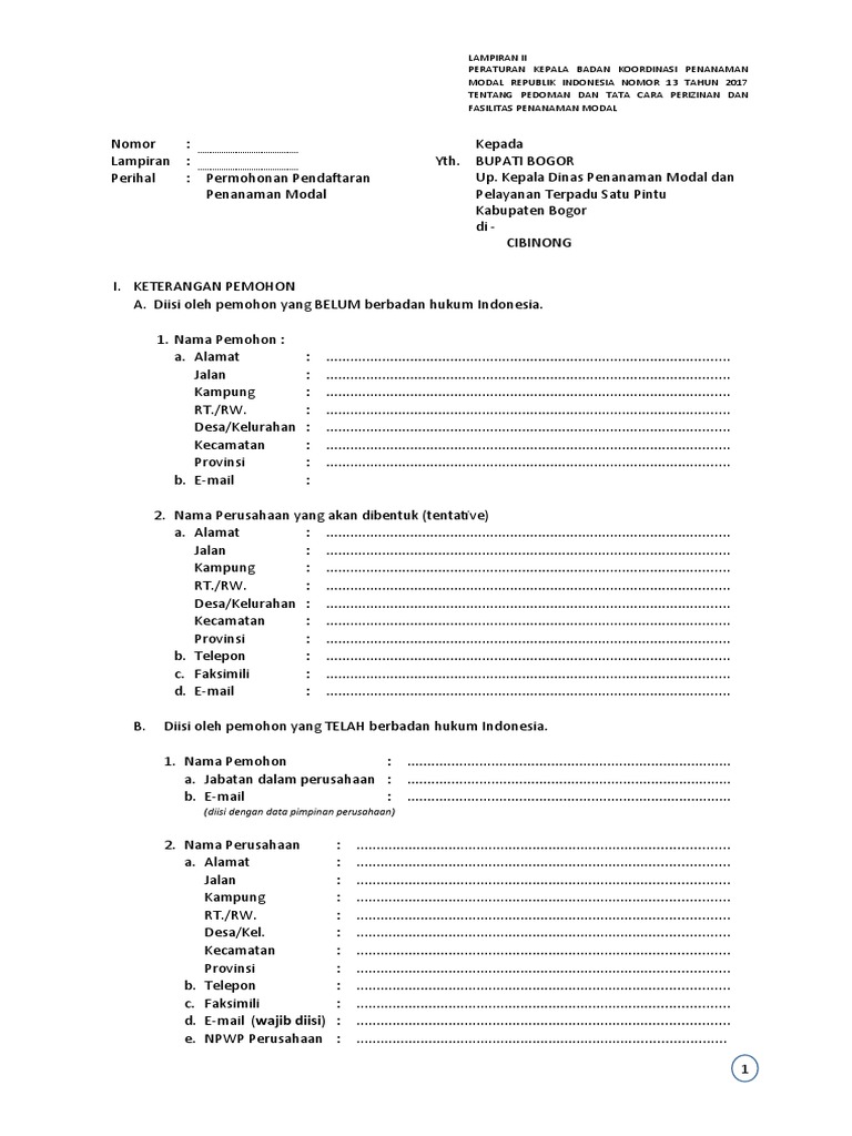 Formulir Pendaftaran Penanaman Modal 2018 | PDF