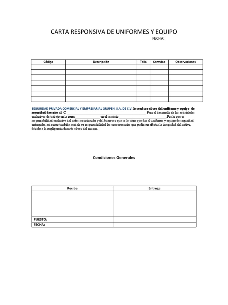 Carta Responsiva de Uniformes y Equipo | PDF